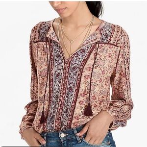 Lucky Brand Floral Bohemian BoHo Paisley Long Sleeve Blouse Burgundy Pink Blue